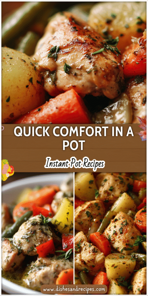 Plated Instant Pot chicken and vegetables with herbs showcasing a quick and healthy dinner recipe.